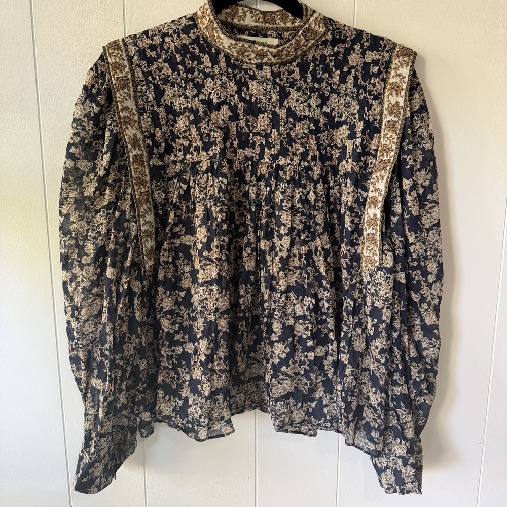 Isabel Marant Étoile Vega Top Size 36 Navy Floral High Neck Cotton Blouse - Picture 2 of 13
